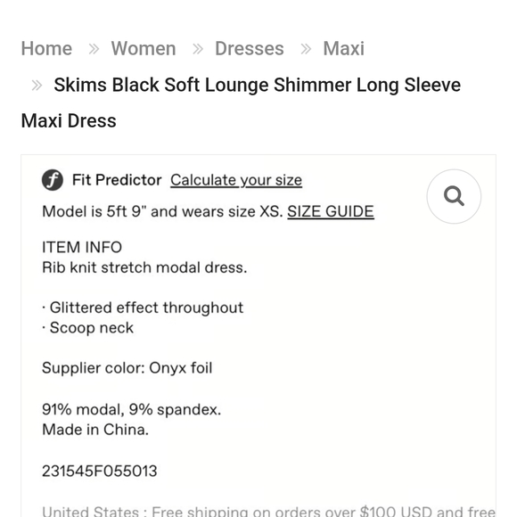 SKIMS Metallic Black Long Sleeve Dress - Picture 2 of 3